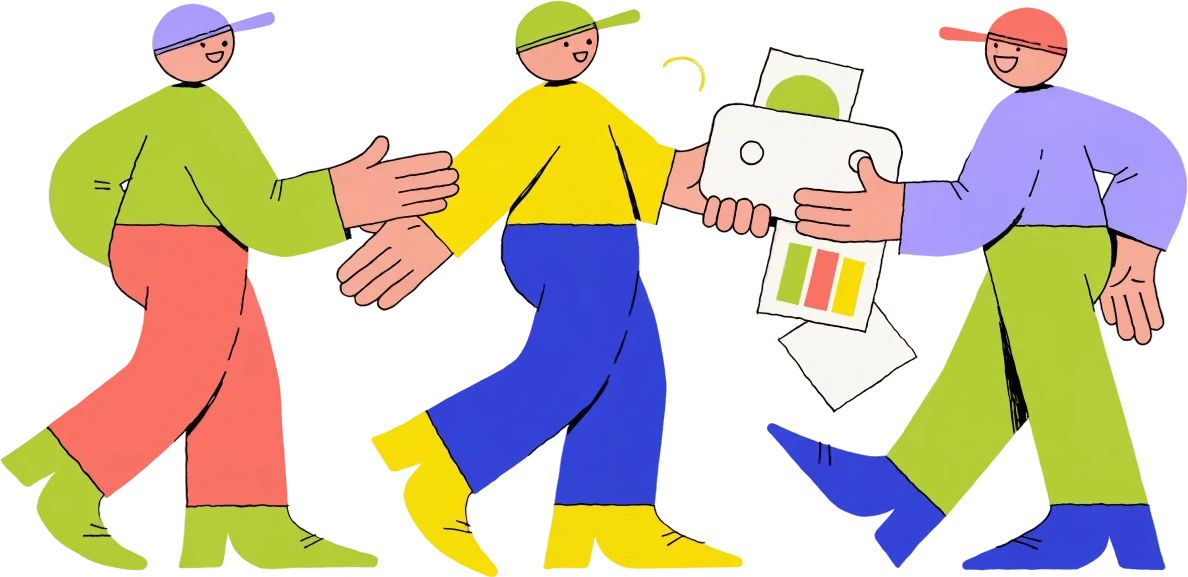 Three people passing work down a line without looking at each other, while a chart and papers fall out of it