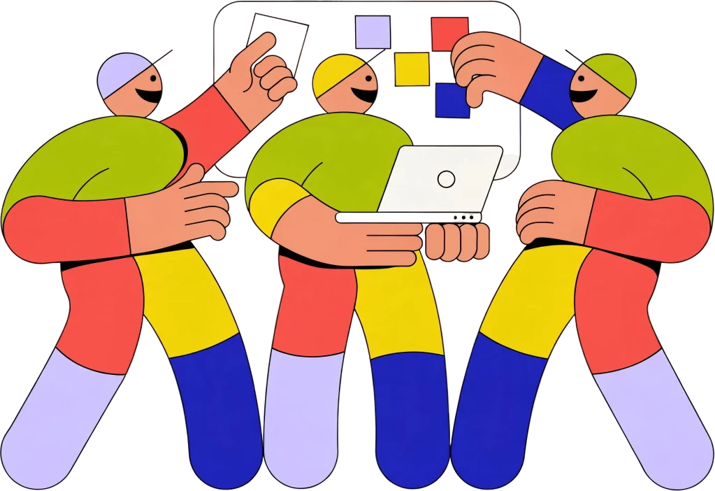 Three people standing shoulder to shoulder, all facing the same board, one with a laptop and one placing a note